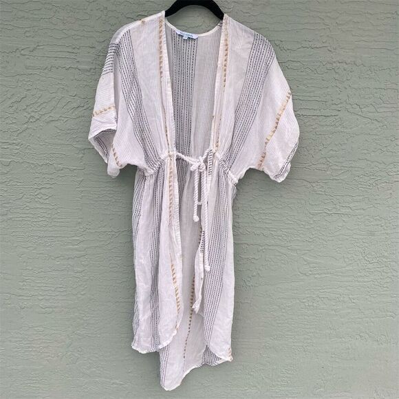 Blue Island XS White Cover Up with Gold and Black Embroidery Drawstring Waist - Picture 1 of 11
